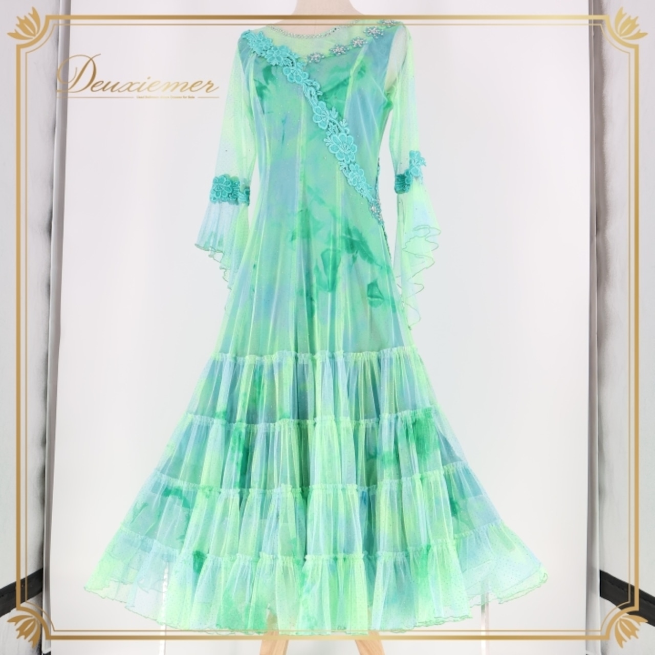 社交ダンス 衣装 ワンピース ドレス グリーン系 ブルー系 ダンスファッションピア dance fashion pier 黄緑 エメラルドグリーン 水色 青 レース グラデーション パーティ 発表会 ダンス フェミニン パフォーマンス 大人 女性用 きれい