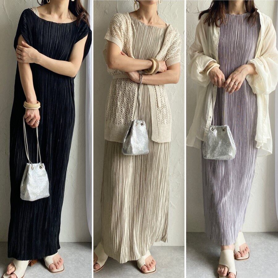 22ss新色は4月下旬販売開始予定 即納 シャイニー無地ノースリーブロングプリーツワンピース Op T164 She S Closet