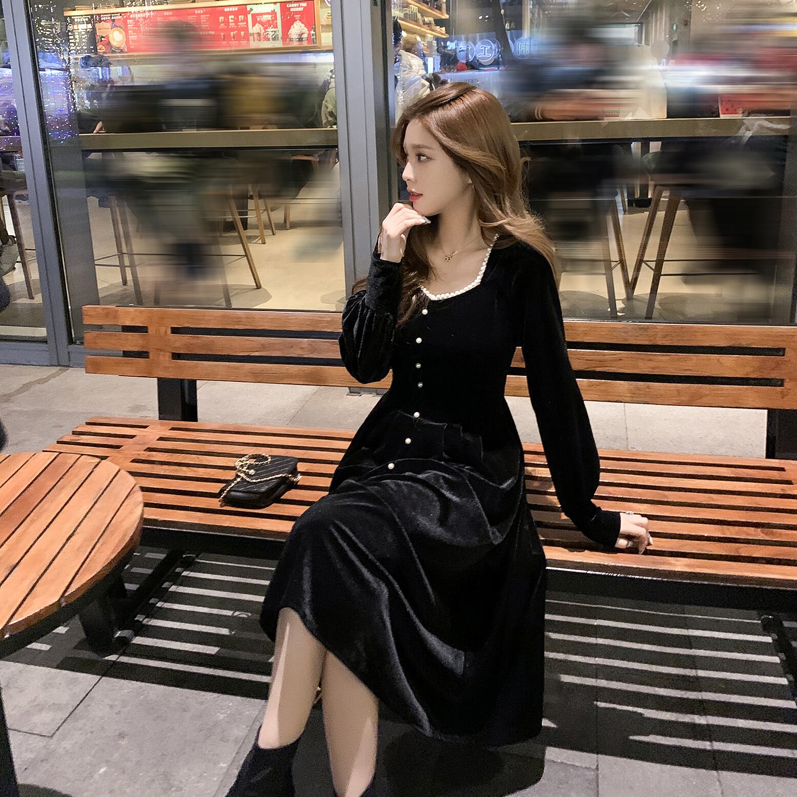 スプリングスタンダードブラックベルベットドレス スカート ウェスト レトロ エレガント 春物 6Du_Shop_Women64836575552