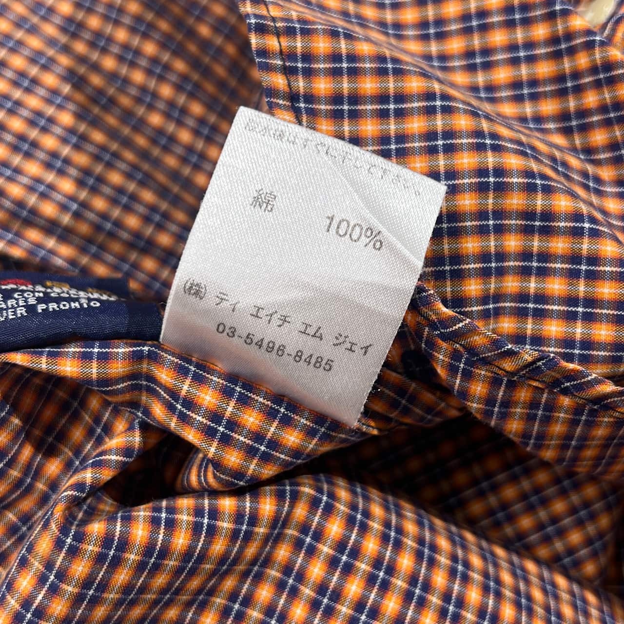 90s TOMMY HILFIGER トミーヒルフィガー フラッグ刺繍 チェック柄 長袖 ボタンダウンシャツ XS /オレンジ×ネイビー系 メンズ ビンテージ