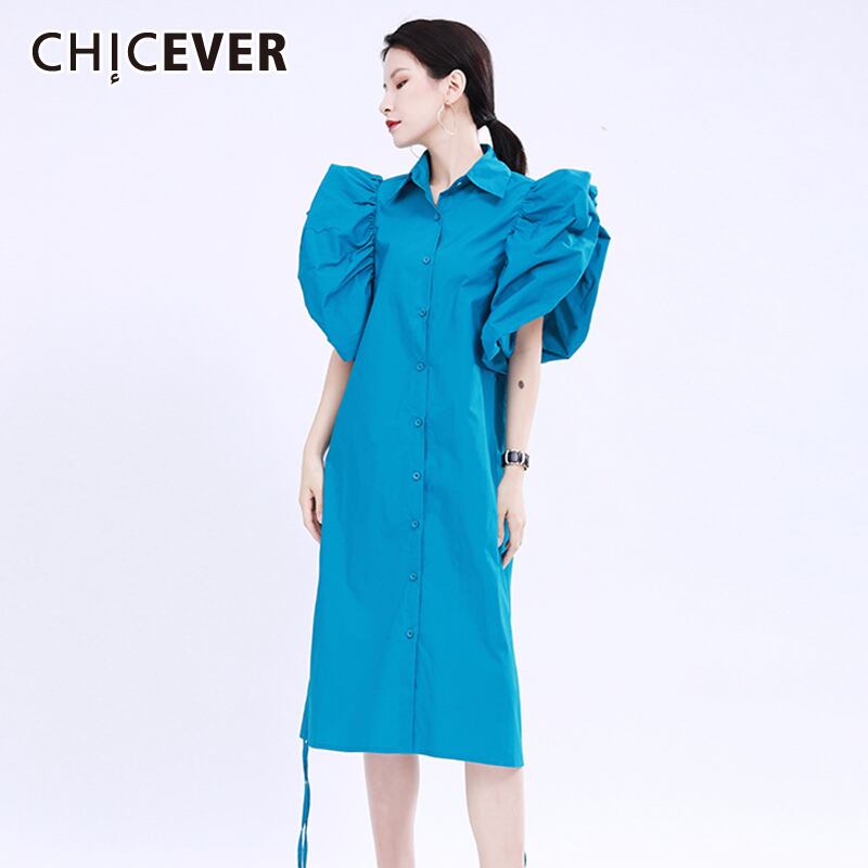 CHICEVERドローストリングレースアップシャーリングレディースドレスラペルカラーパフ半袖サマードレス2020 ショート ハーフスリーブ 夏物 6base515262386651