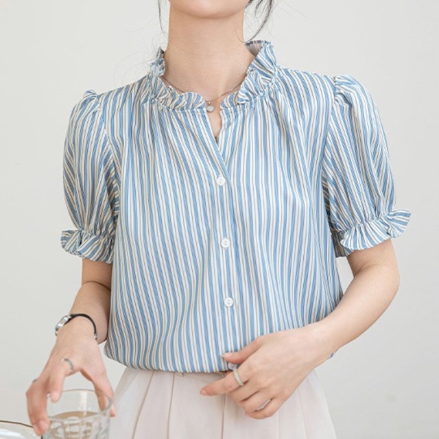 Stand collar elegant puff sleeve stripe chiffon blouse