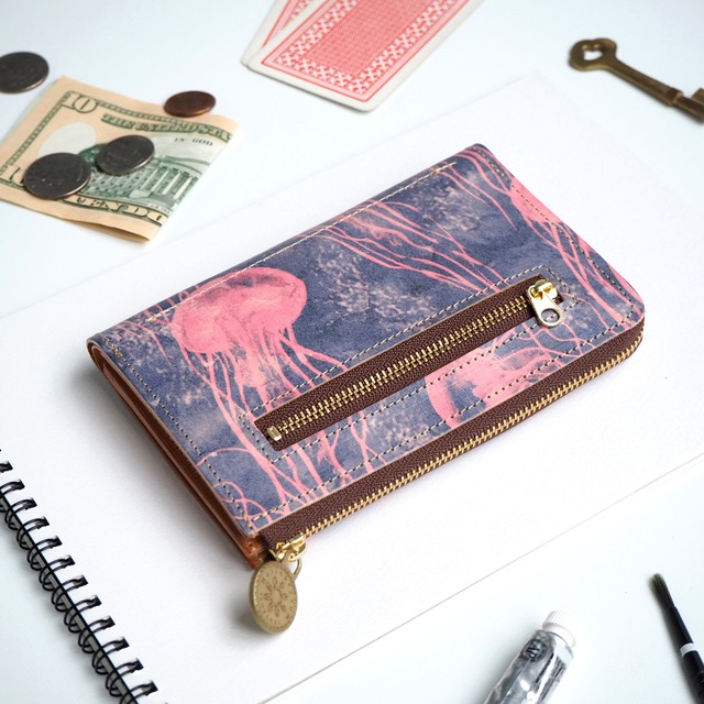 L-shaped zipper middle wallet (Dreamy Jellyfish) Cowhide