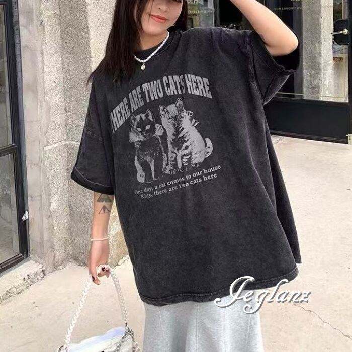 ウオッシュド キャット デザイン Tシャツ ルーズ ユニセックス ♪(MC727)β