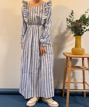 【送料無料】80's Striped ruffle cotton dress