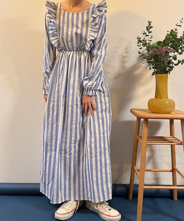 【送料無料】80's Striped ruffle cotton dress
