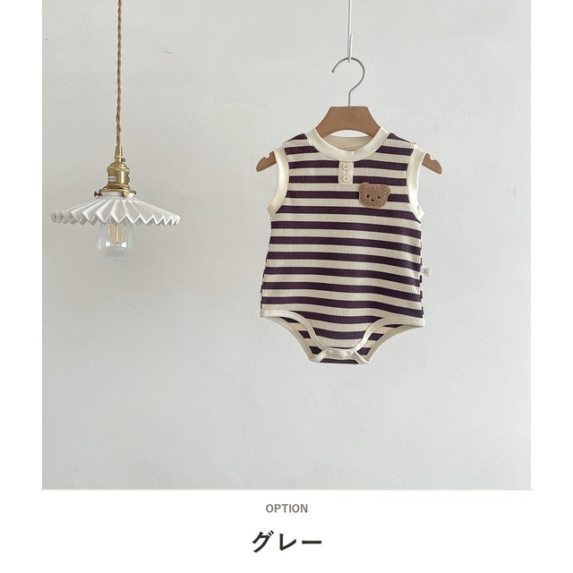 【BABY】くまワッペンストライプノースリーブロンパース - 2