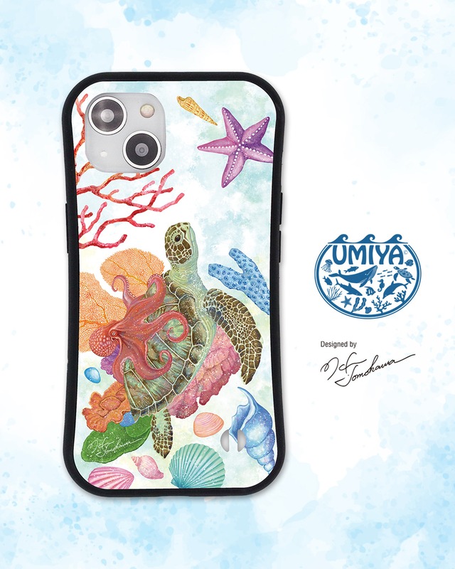 【iPhone耐衝撃グリップケース】海亀遊蛸／ウミガメに乗ったタコ