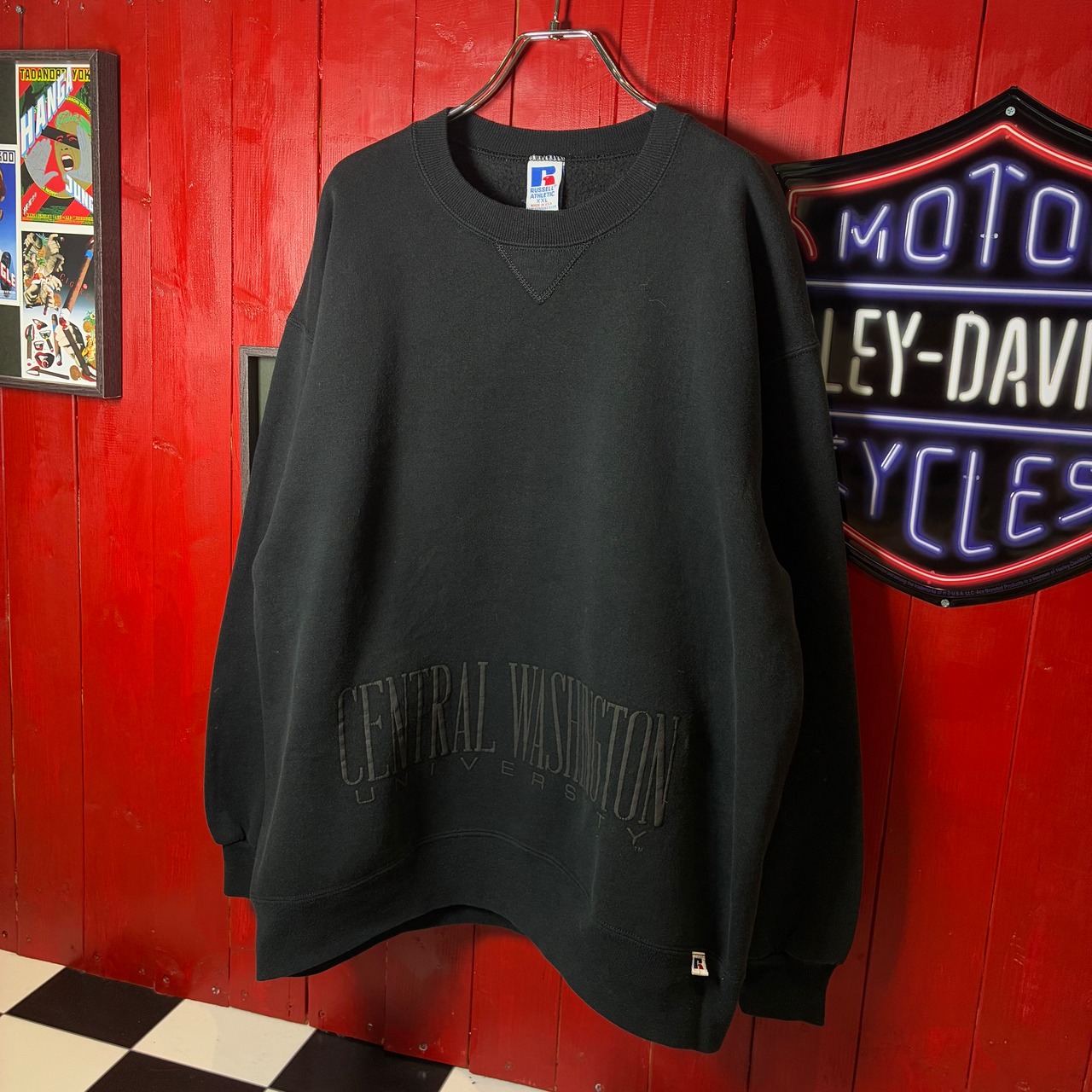90s USA製 RUSSELL ATHLETIC CENTRAL WASHINGTON カレッジスウェット　黒　発泡プリント