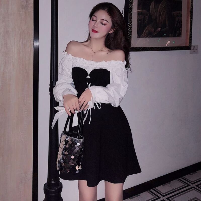 2020年春新気質木製イヤープルショルダーボウノットパフスリーブフロント巾着レースワンピース 1号婦人16517173819