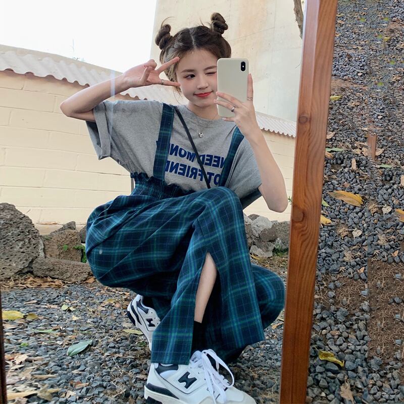 セットアップ ツーピース 2点セット チェックサロペットパンツ トップス トレンド シンプル 大人可愛い ガーリー レトロ 韓国ファッション Luluca 韓国トレンドファッションluluca ルルカ