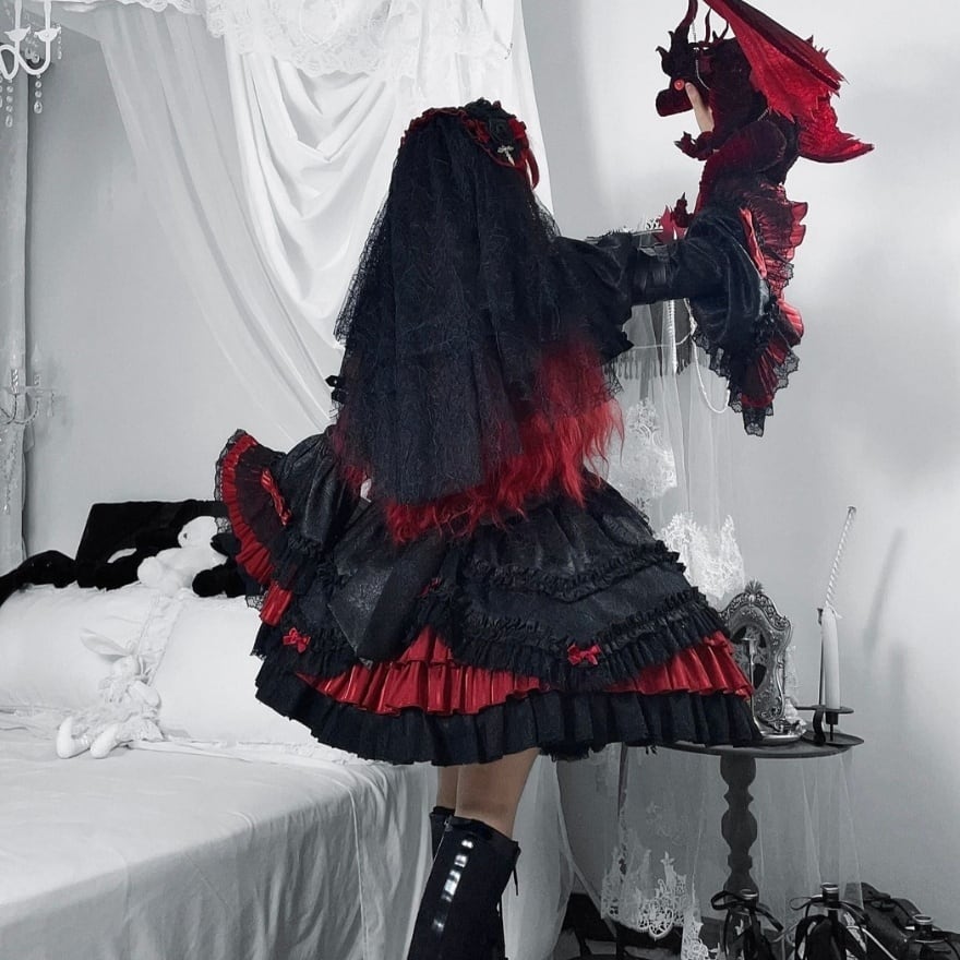 深紅薔薇の黒夜会 多段フリル姫袖ゴスロリジャンパースカート3点セット