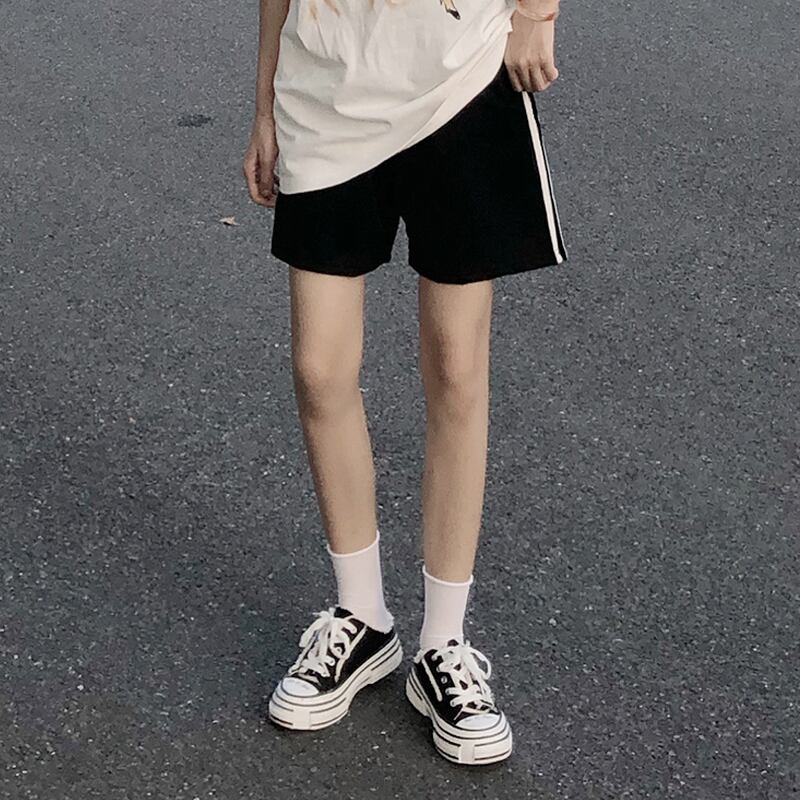 ショーツ サマー薄手カジュアルパンツ ルーズハイウェストウェストブラック 夏物 ブルマー 試着室58489550704