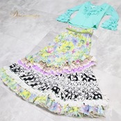 フラメンコ 衣装 ソニアジョーンズ SONIA JOHNES ツーピース セットアップ ファルダ スカート トップス ブラウス ボランテ フリル レース 花柄 ハイウエスト ミント 明るい 水玉 ドット ブルー系 グリーン系 ピンク系 パープル系 可愛い デザイン おしゃれ ダンス 衣装 カラフル ツーピースセット 装飾 レディース 踊り