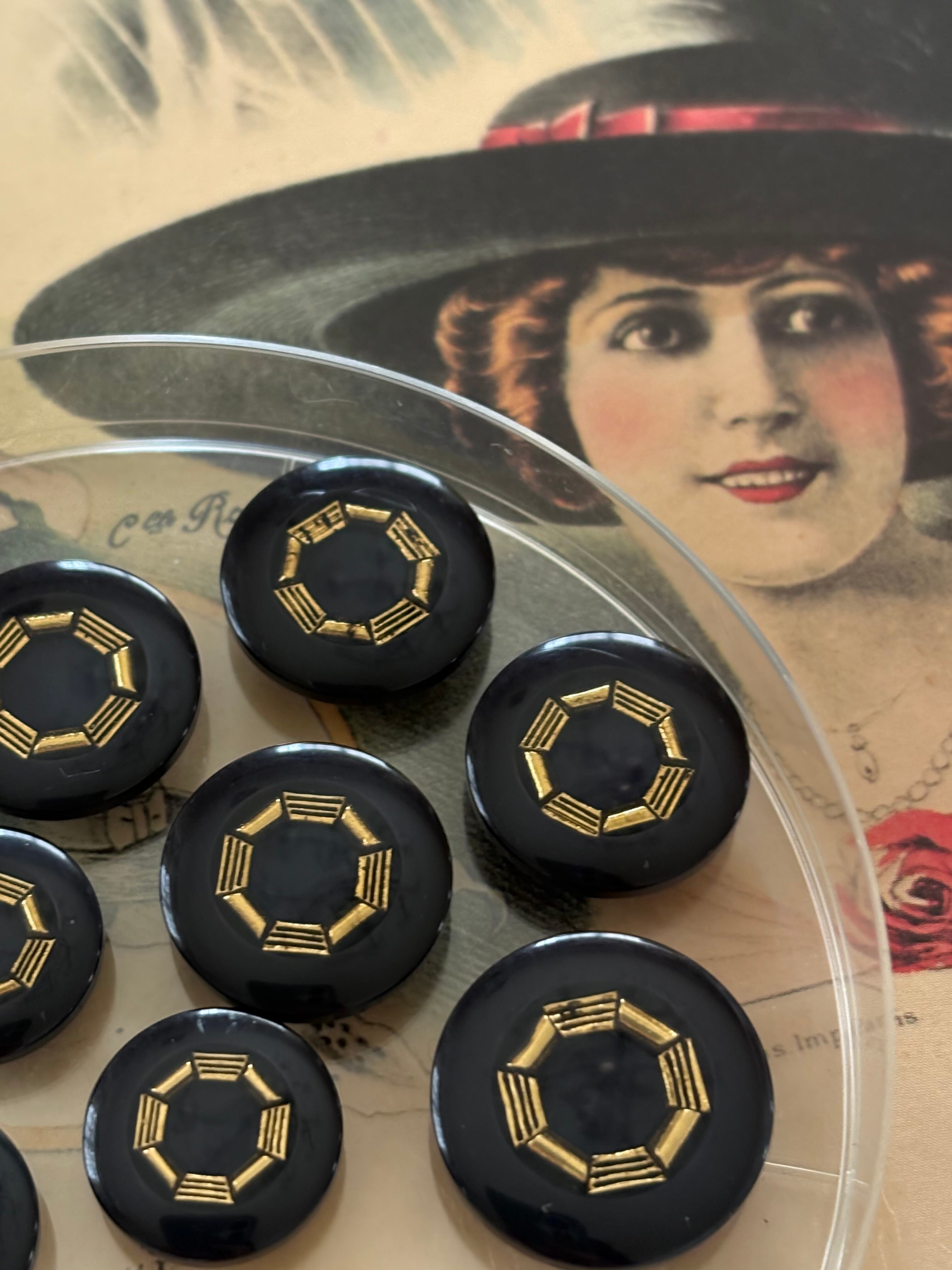 Japanese Vintage ボタン 19mm ブラック×ゴールド 昭和レトロ アクセサリーパーツ 装飾材 カルトナージュ