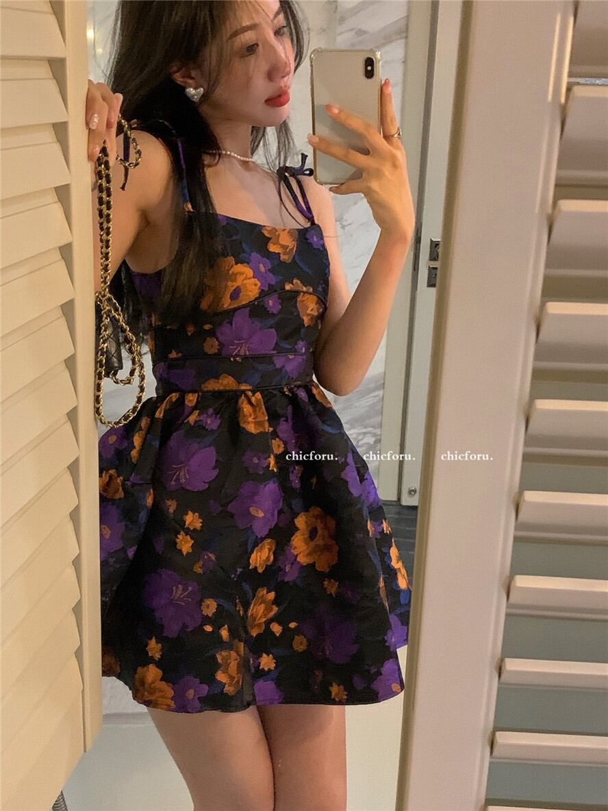 スタンダードフローラルドレス サマーショートスカート レトロ 大人ガーリー スウィート キュート カジュアル 夏物 花柄 ブラックストロベリース96104826670