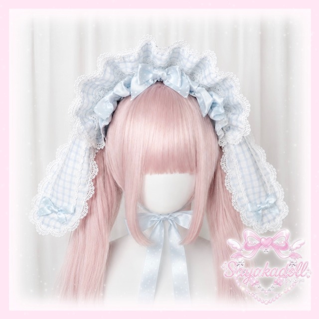 ♡【全4色】MAID ギンガムチェック＆ドット柄リボン 変幻自在うさみみフリルボンネット light blue ♡