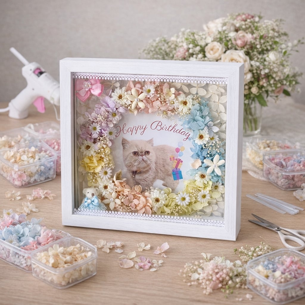 うちの子フラワーフレーム【PE-603】縦横15cm│ペットメモリアル│お祝いギフト|木枠両面ガラスフレーム| メッセージ入り|バレンタイン│記念日│誕生日に