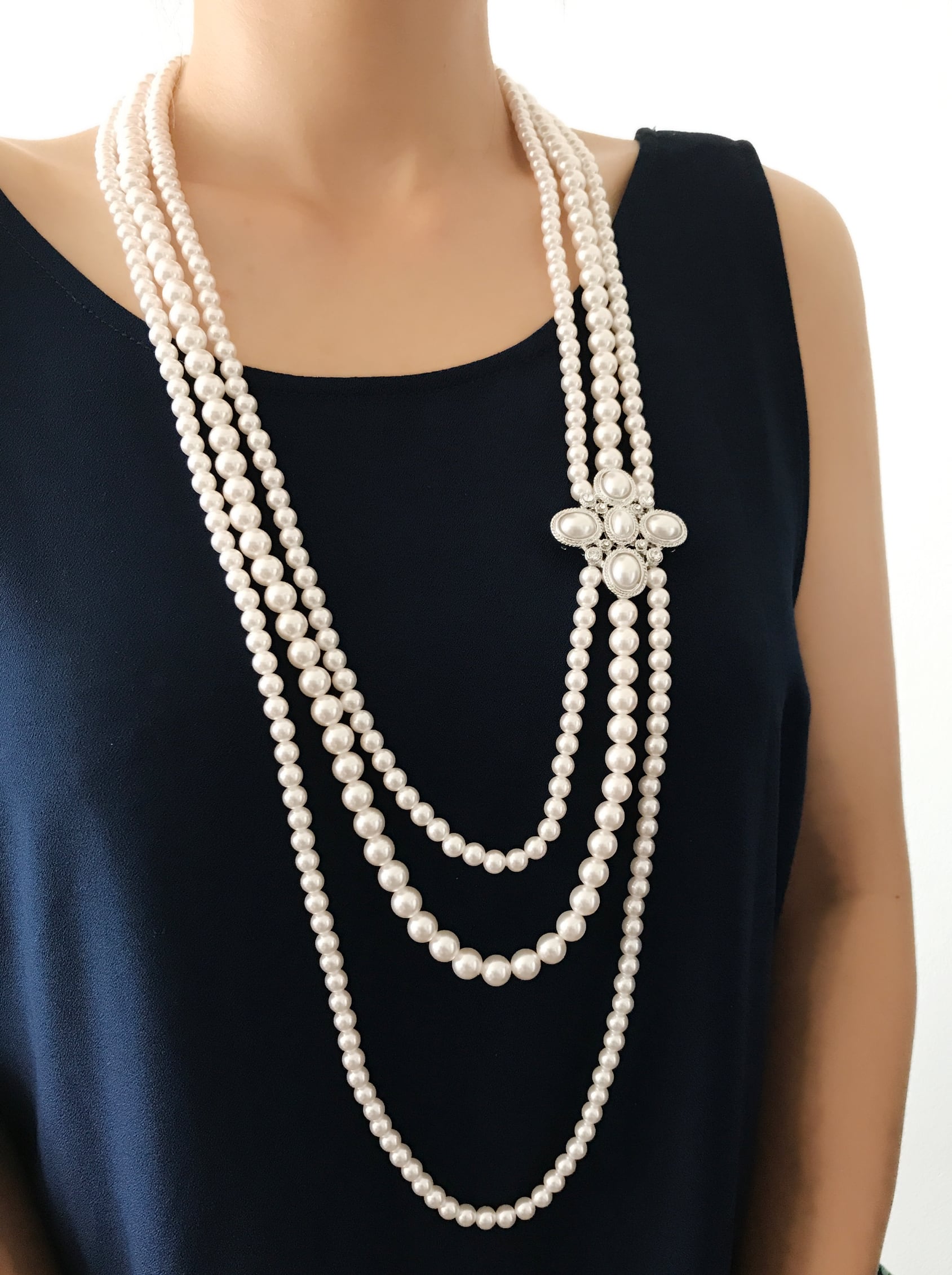 アンティーク風2連パールロングネックレス La Rosee