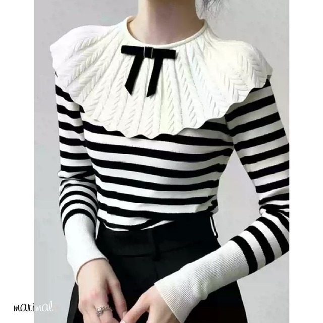 ボーダー リボン ピエロカラー ニット 25470