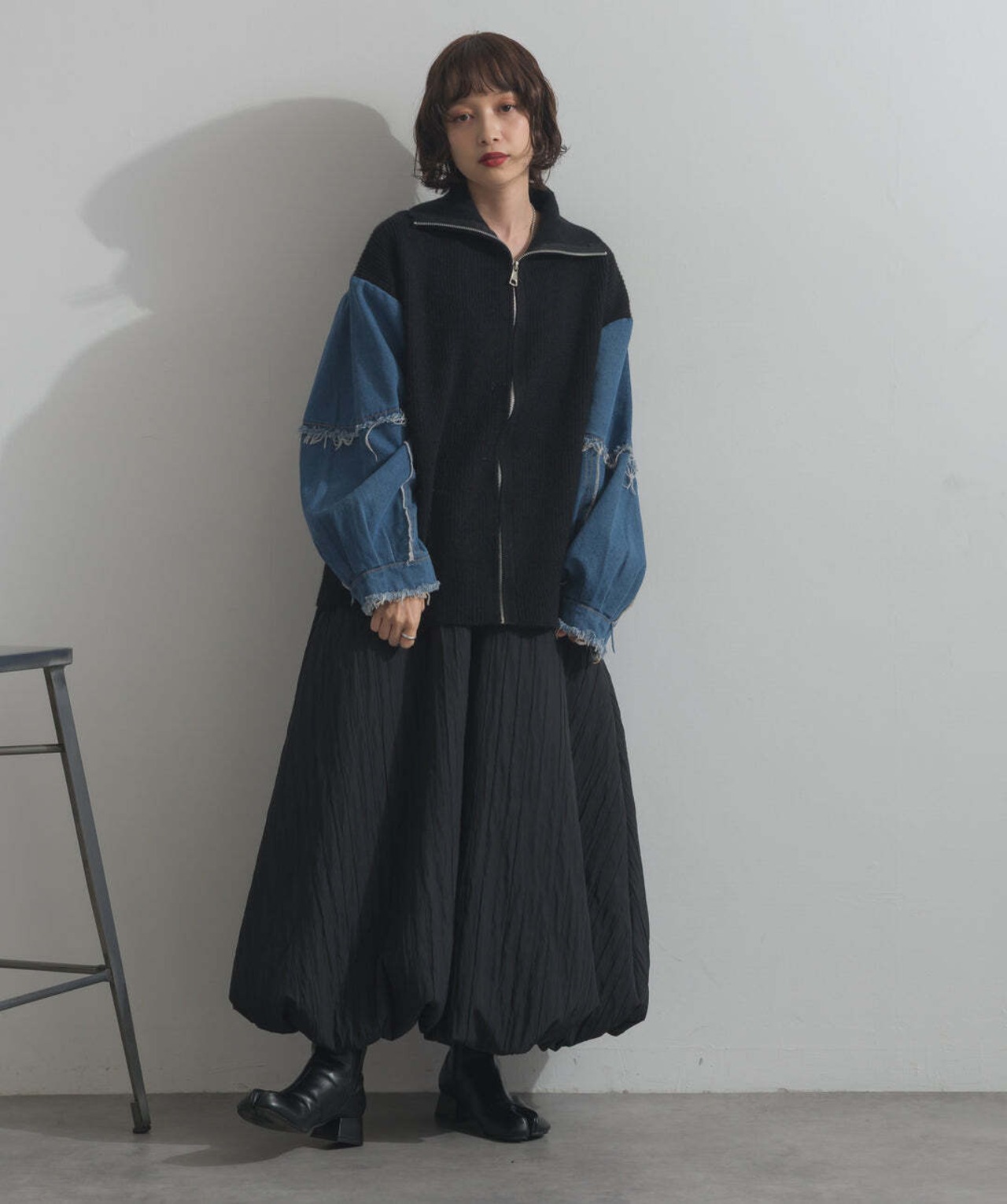 HD2510024 袖デニムジップニット  black