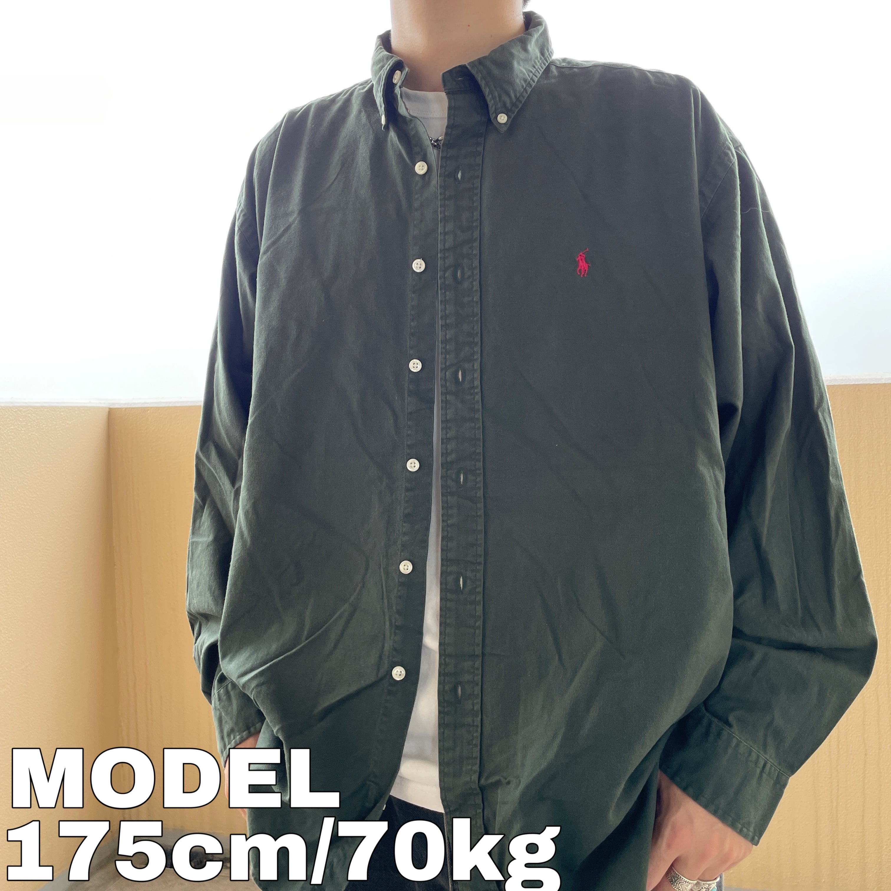 ラルフローレン BD無地シャツ XL グリーン 緑 カーキ レッド ポニー