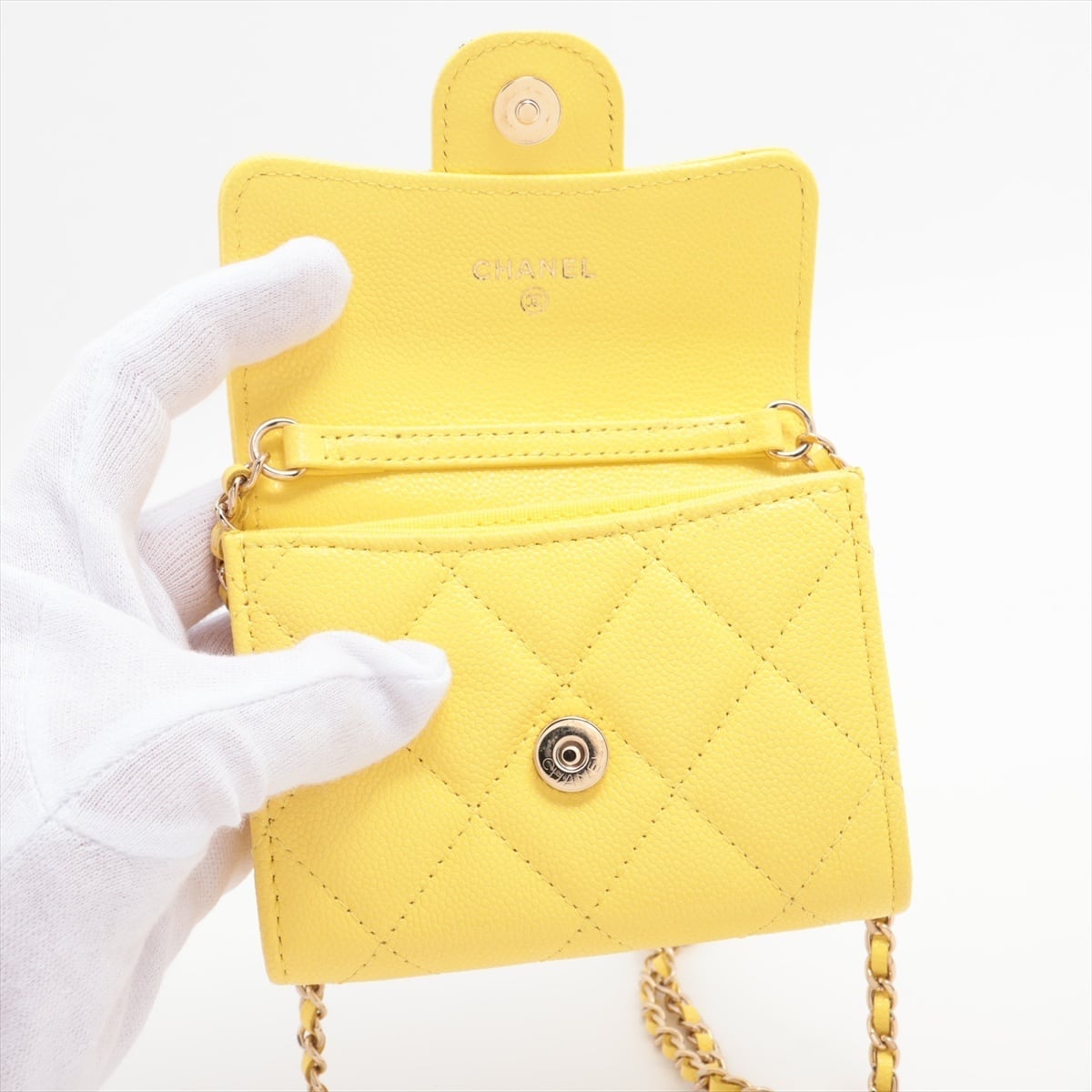 CHANEL キャビアスキン ケース イエロー Rare◇CHANEL Matelasse Caviar Skin Coin Case Yellow Gold Hardware