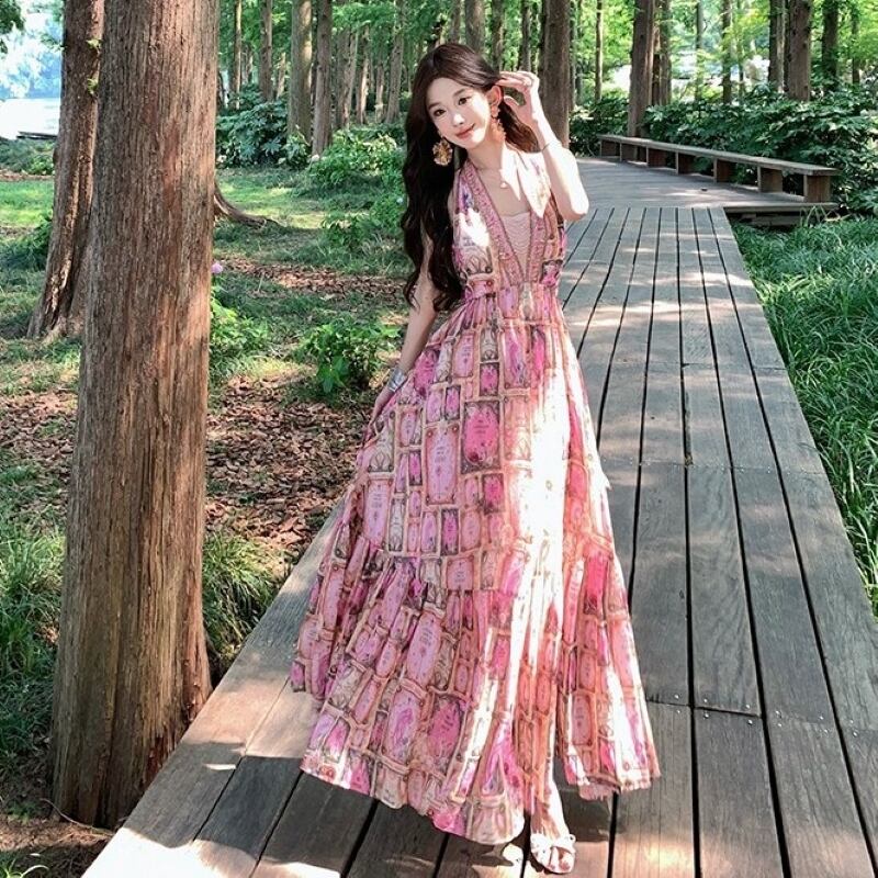 レディース ロングワンピース ノースリーブ リゾートワンピース