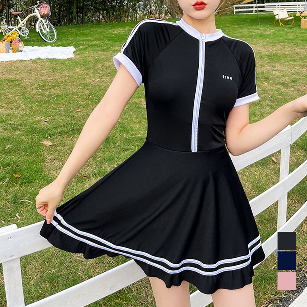 【日本倉庫即納】 ライン入り ワンピース水着 半袖 着やせ