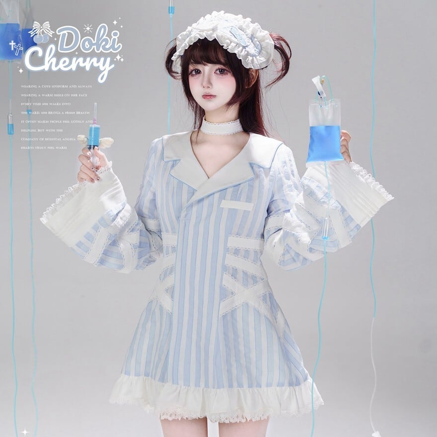 ナース風 アイドル衣装 コスプレ アイドルナース 衣装 ワンピース ストライプ柄 姫袖