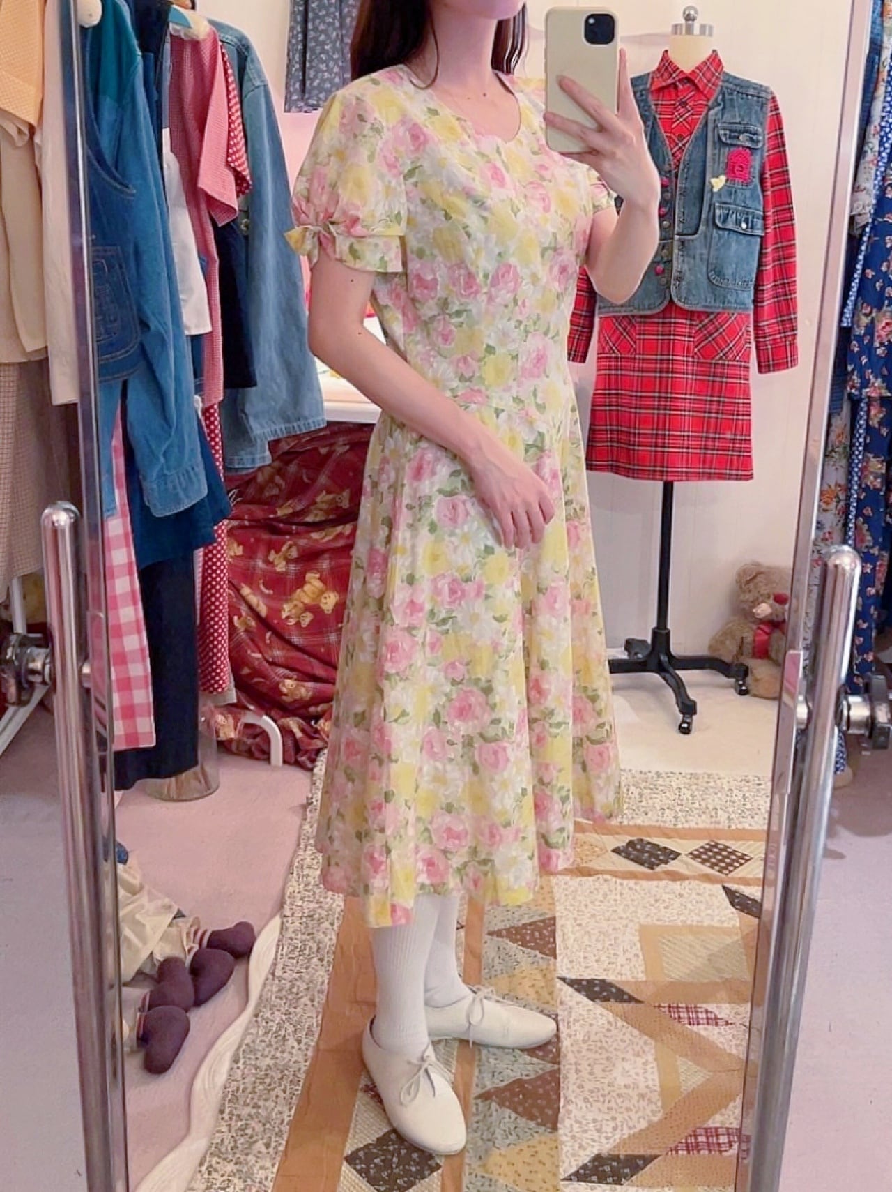 yellow pink flower ribbon sleeve one-piece