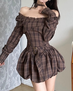 brownチェック柄バルーンシルエットミニワンピ