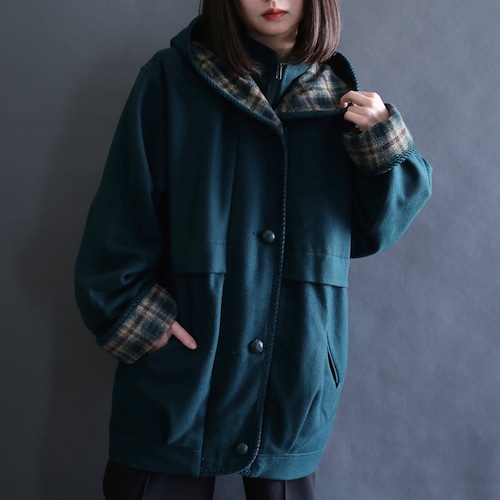 nice green and check high-neck hooded wool jacket coat