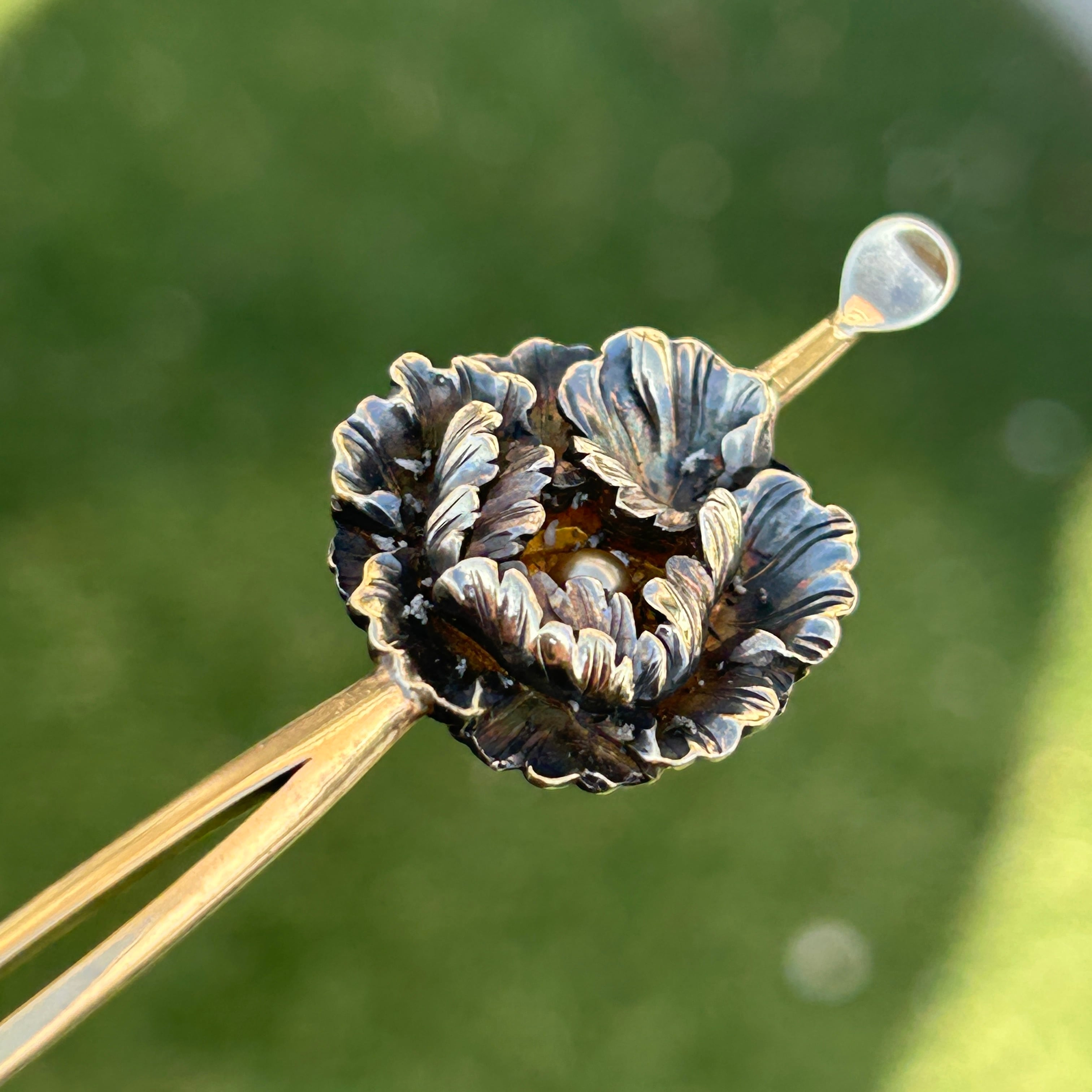 アンティーク　銀無垢　牡丹の平簪