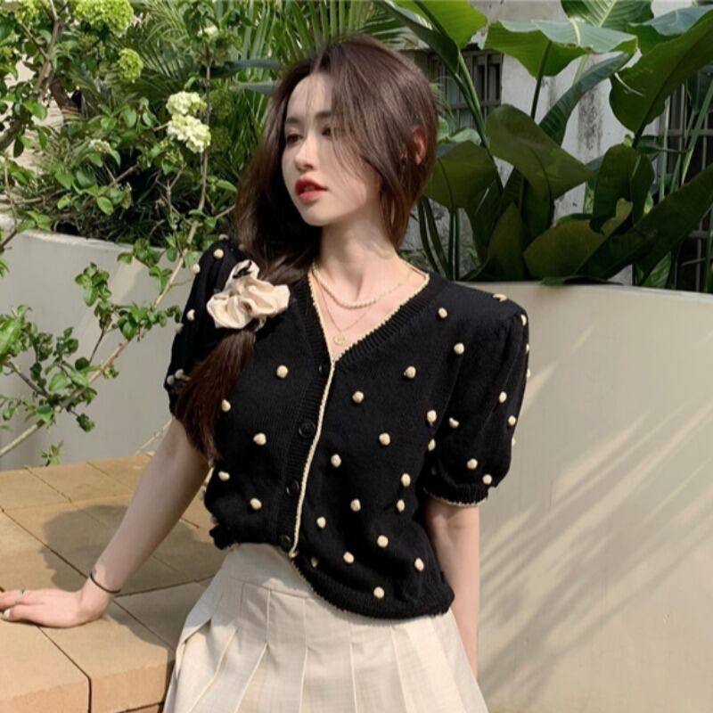 ショートニットカーディガンサマーレッドVネック薄手 夏物 YY-ファッション94131148172
