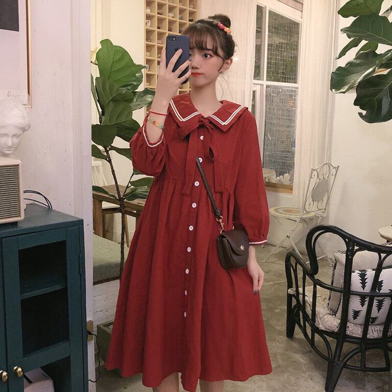 小さな春と秋2020新しい女性のエッセイネイビーカラースウィートウエストシンナーミドル丈ドレストレンド 萌量不足19596835398