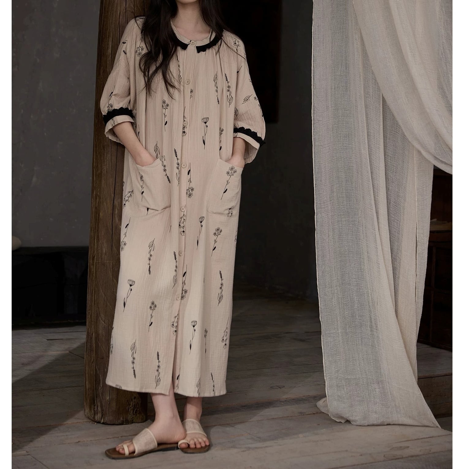 【M-XL】monotone flower pattern gight gown p1687