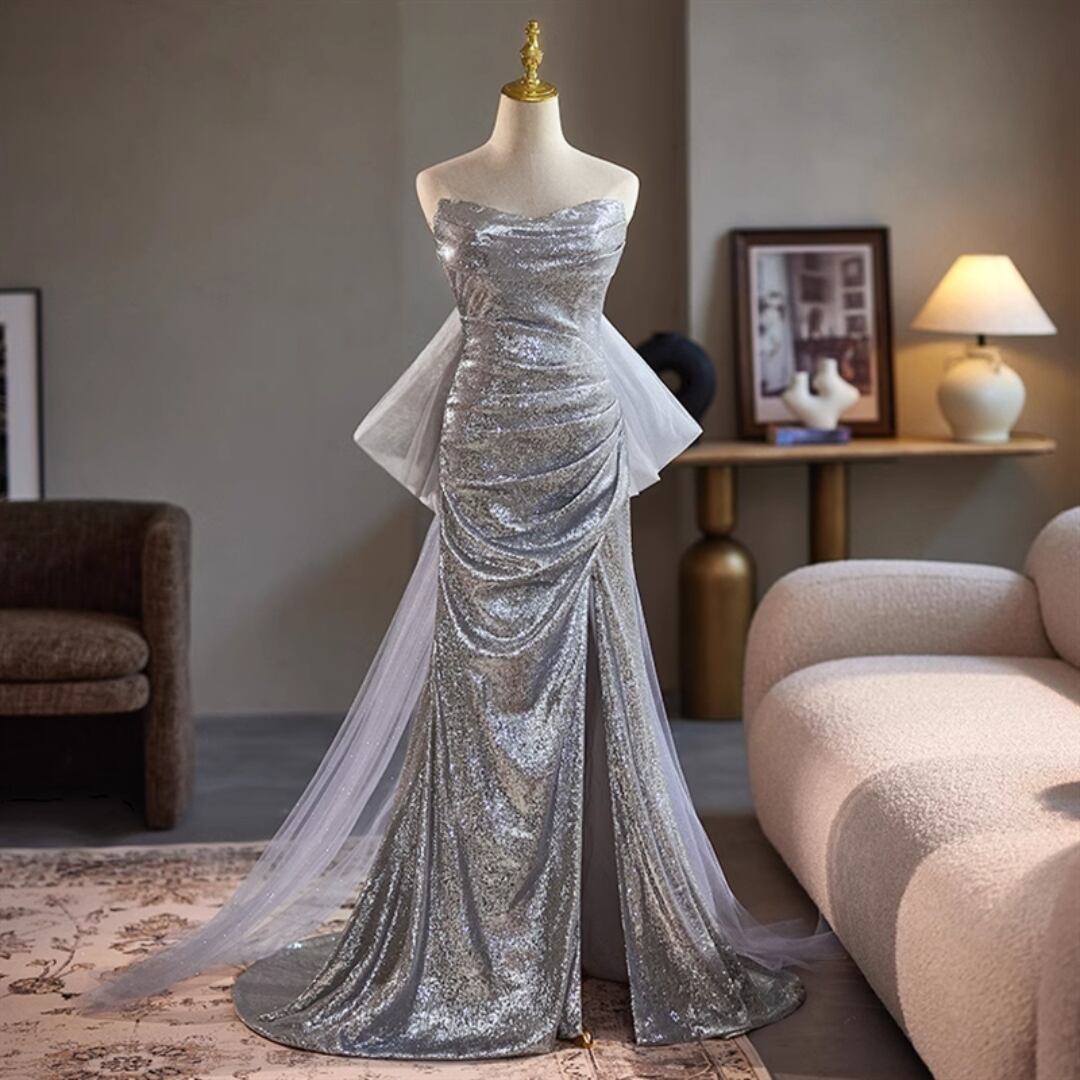 スパンコールベアトップドレス D1300