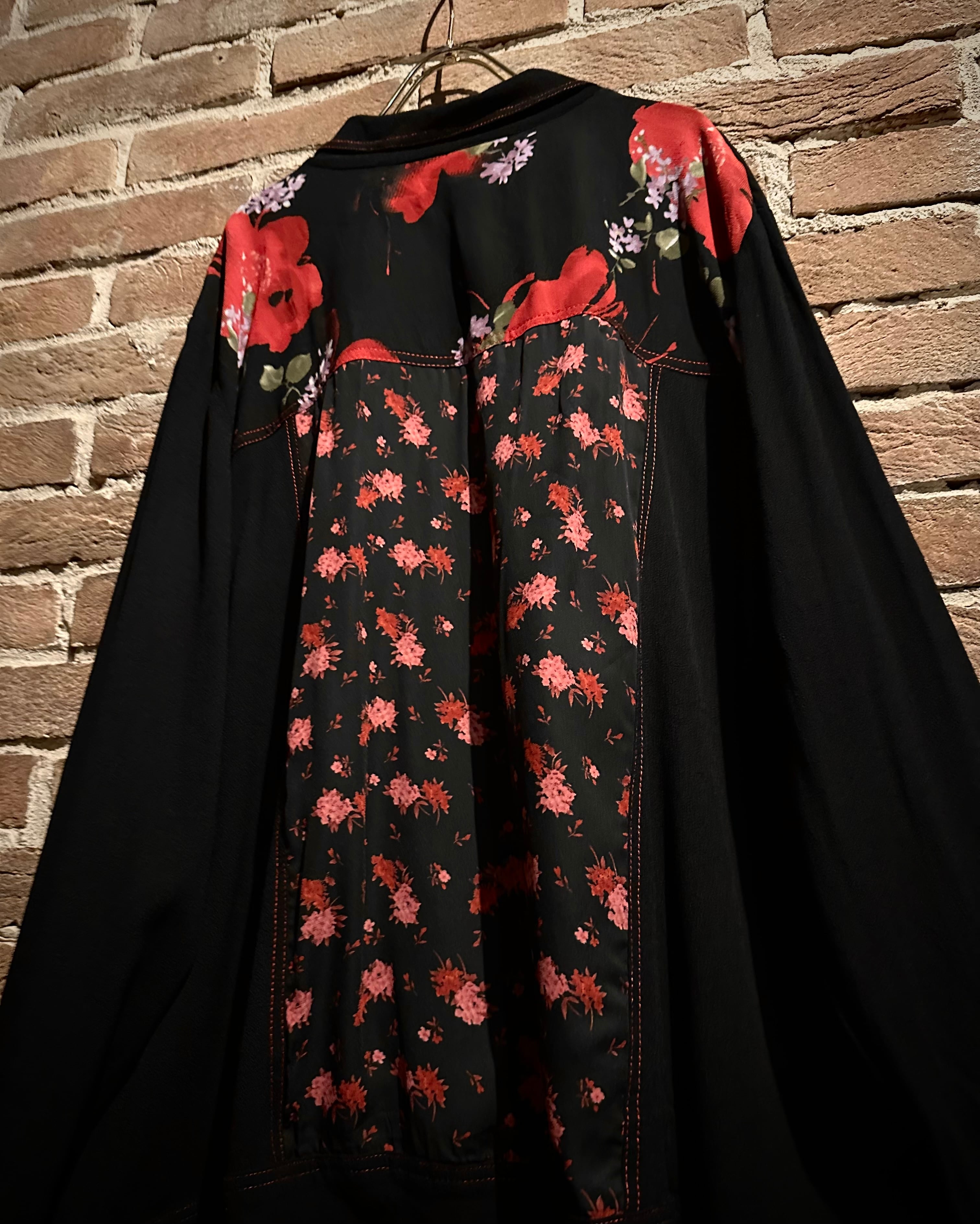 フラワースタッズ装飾　オールブラック　本革　６丁差し　SCA-235/CKA Caka act3】Flower Pattern Switching Vintage Tracker Type L/S Shirt