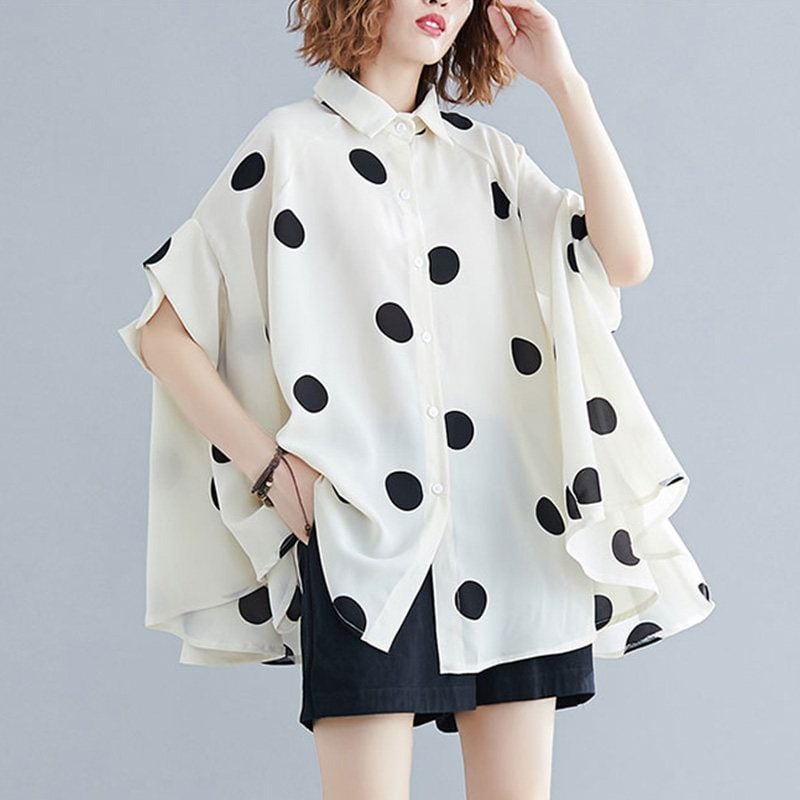 POLKA DOT CHIFFON RELAXED LONGLINE ASYM SHIRT M-18077