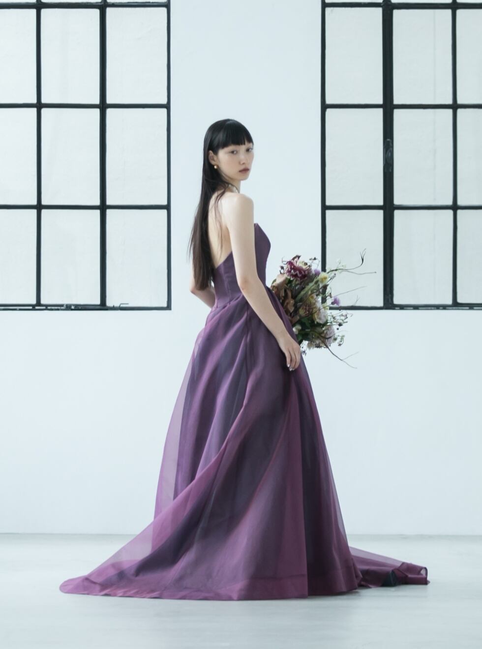 カラードレス パープル/紫 ソフトチュール ベアトップ サッシュベル  