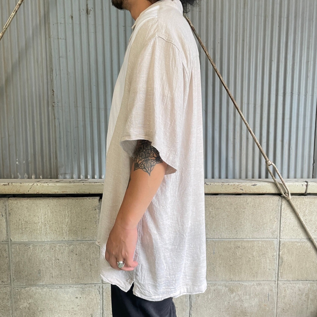 ビッグサイズ Haggar リネン×レーヨン 開襟シャツ オープンカラー 
