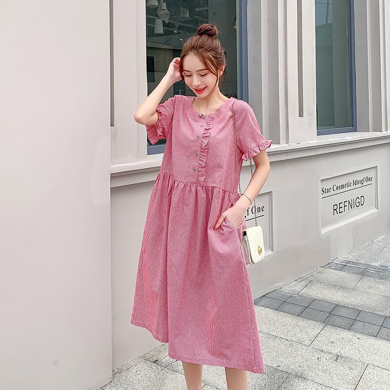 【新作】【送料無料】 マタニティウェア2020夏の新しい綿とリネンチェックルーズドレス小さな新鮮なミドル丈のトレンディなマタニティドレス-アリババ コットン サマー 夏物 expec219531104181