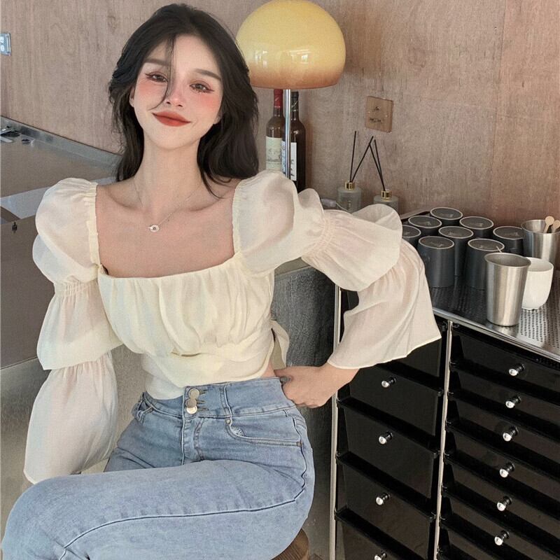 スリーブシャツ オータムバックリボンショートトップス カラー 秋物 スクウェア ガールズファッション72556798905