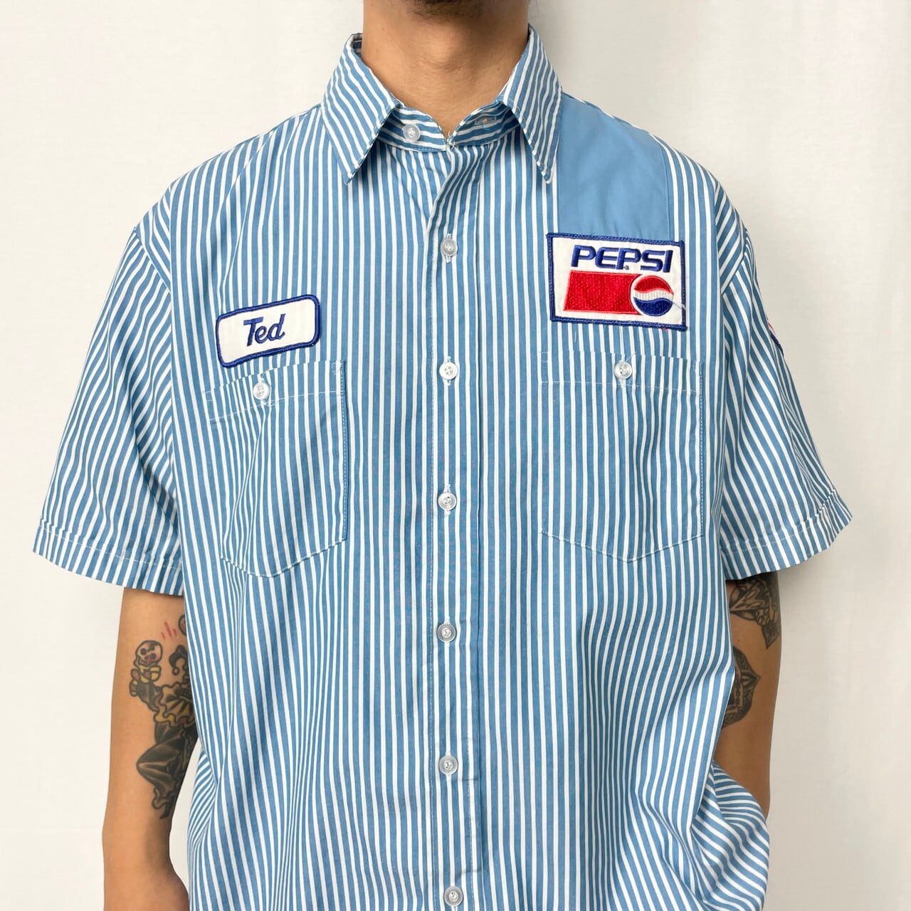 USA製 PEPSI ペプシコーラ 企業ロゴ ワッペン ストライプ 半袖ワークシャツ メンズXL相当 古着 ビンテージ ブルー 水色 【半袖シャツ】  | cave 古着屋【公式】古着通販サイト