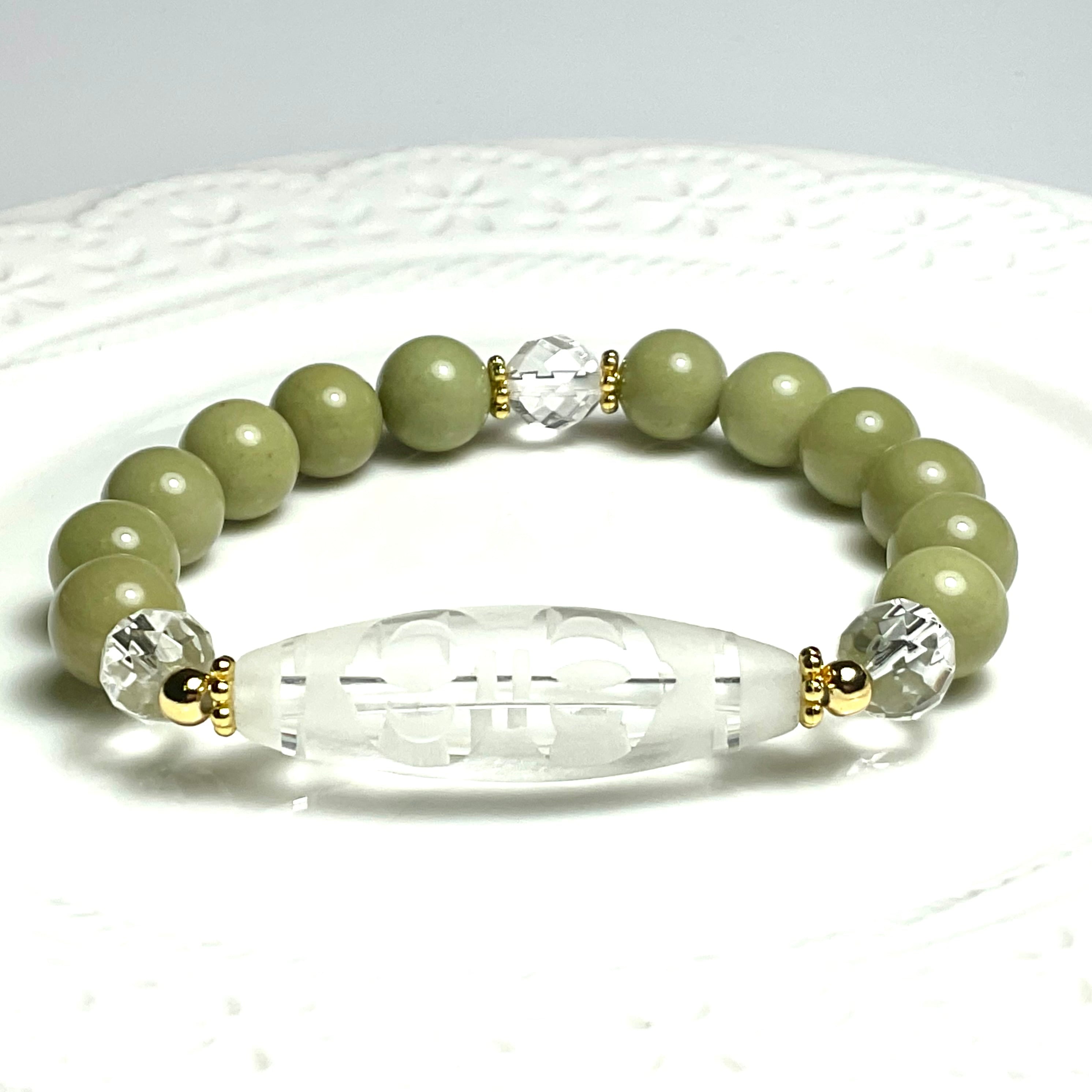 老玉髄天珠・知足常楽白天珠と7.5mmのモルガナイトのブレスレット