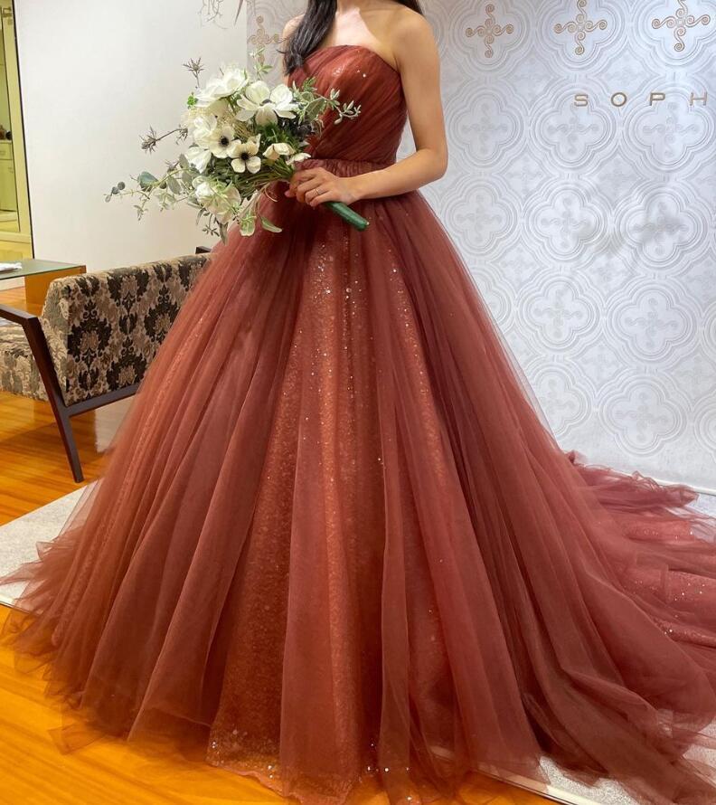 カラードレス ベアトップ コーヒーの色 キラキラグリッターチュール 素  