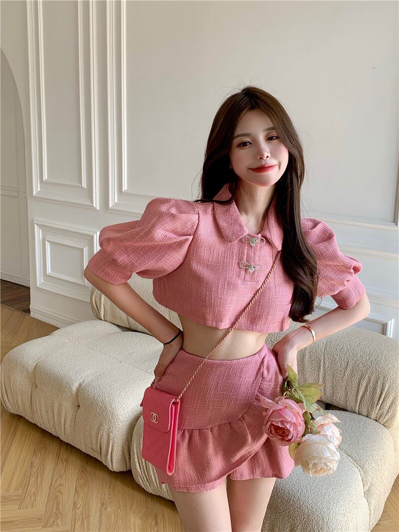 レッドショートスリーブトップス スカート サマー リボン 夏物 ガールズファッション52930934300