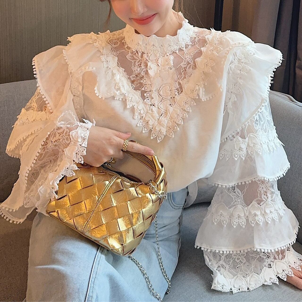 レースフリル シアーブラウス T165