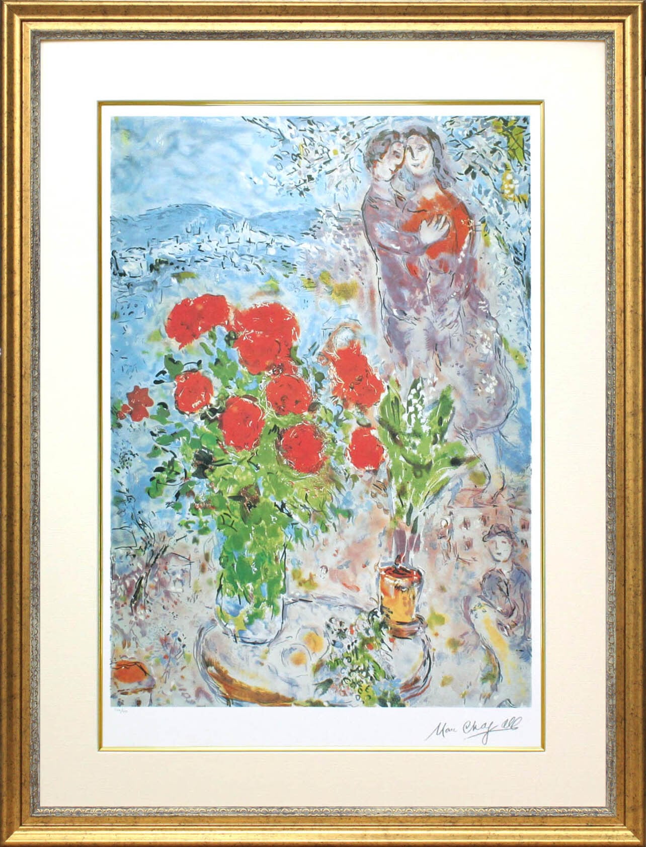 マルク シャガール作品「赤い薔薇と恋人たち」額縁4色選択可能 作品証明書 展示用フック 限定500部エディション付複製画リトグラ